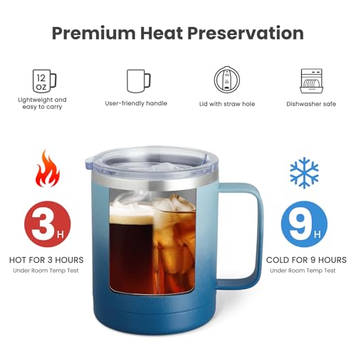 Image of MEWAY 12oz Coffee Mug With Handle 2 Pack Bulk,Stainless Steel Insulated Travel Tumblers With Sliding Lid,Double Wall Vacuum Camping Cup for Hot & Cold Drinks Tea (Bubble Gum&Blue Waves,Set of 2)