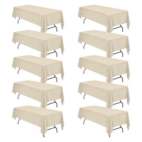 Image of BRILLMAX 10 Pack Beige Tablecloths 60x126 Inch for 8ft Rectangle Tables | 150 GSM Polyester Fabric, 15 inch Standard Drop, Water, Stain & Wrinkle Resistant Cloth Cover for Wedding Reception Banquet Party