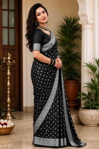 Image of Women's Glory Banarasi Satin Silk Saree with Rich Gold Silver Zari Floral Embroidery | Kanjivaram Style | Traditional Wedding & Festive sadi with Contrast Border