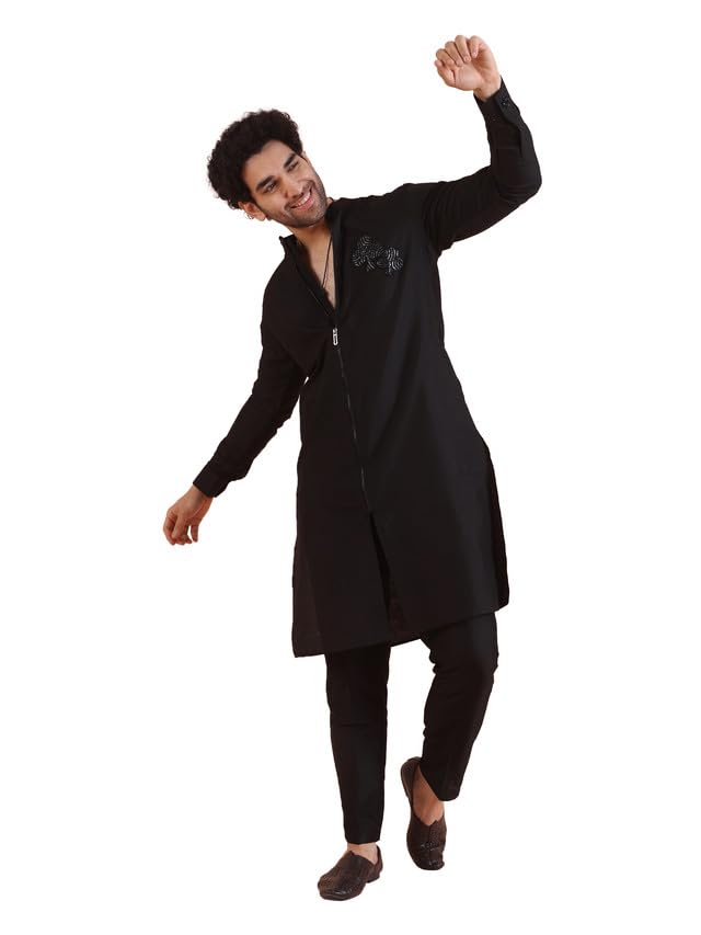 Kurta noir homme KISAH ensemble de pantalons ethniques de taille 40 uni