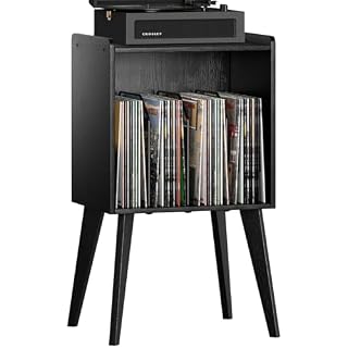 Gannyfer Record Player Stand – Minimalist Vinyl Record Storage Holds Up to 160 Albums, Mid-Century Record Holder Display Shelf with Wood Legs, Turntable Cabinet for Living Room, Bedroom (Black) - Les Beatles, Paul McCartney, John Lennon, RIngo Starr, George Harrison