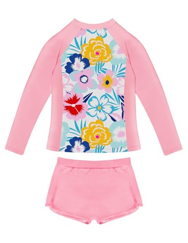 Image of Girls 2 Pieces Rash Guard Swimsuit 1 /4 Zip Long Sleeve Bathing Suit Set Kids Swimwear with Sports Shorts