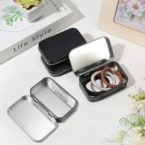 Image of 4 Pack 4 x 2.5 x 0.9 Inch Black Metal Hinged Tin Box Hinged Rectangle Box with Lid Small Mini Empty Iron Storage Portable Home Organizer Containers for Drawing Pin Candies Jewelry Crafts
