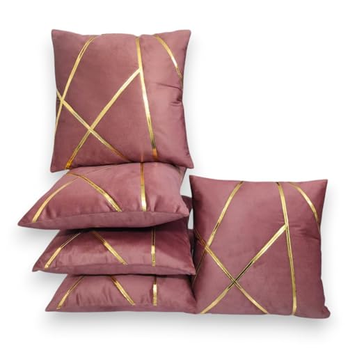 Image of Zikrak Besur Gold Stripe On Velvet|Pack of 5 Cushion Cover|for Home Decoration|Living Room Decor|Hotel Premeuim Qulaity Cushion Cover|Exclusive ON Amazon (Dusty-Pink, 18 X 18 INCH(45 X 45 CM))