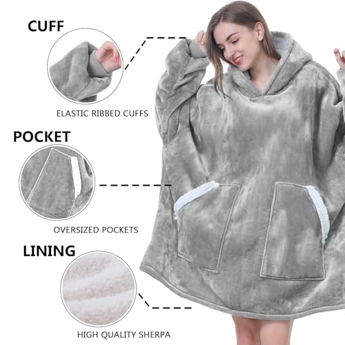 Kipswiza Oversized Wearable Blanket Hoodie, Cozy Fluffy Sherpa Fleece Hooded Blankets Sweatshirt Gifts for Women Men Family Members Friends, Light Grey