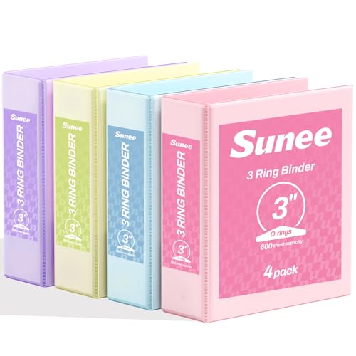 SUNEE 3 Ring Binder 3 Inch 4 Pack 3 Large Clear View Binders Three Ring PVC-Free (Fit 8.5x11 Inches) for School or Office Supplies Assorted Pastel