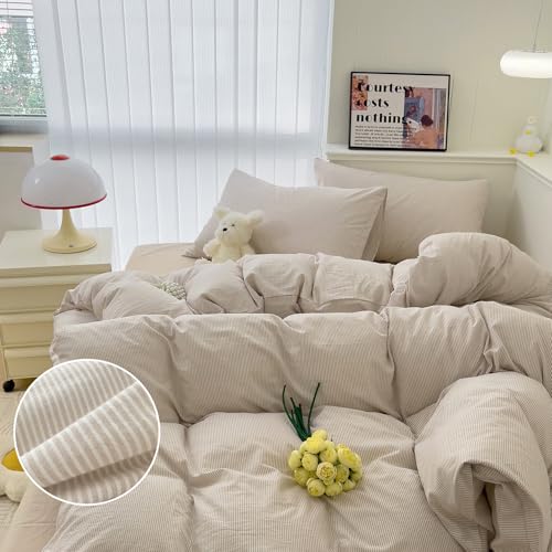 Image of mixinni Tan Striped Duvet Cover Queen Size - 100% Washed Cotton Beige Pinstripe Comforter Cover with Zipper Closure, Lightweight & Breathable, 3 Pieces Minimalist Stripes Pattern Printed Bedding Set