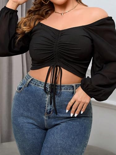 SOLY HUX Women's Plus Size Blouse Drawstring Ruched Front Off Shoulder Bishop Long Sleeve Crop Tops3