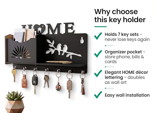 Image of Wall Mount Key Holder & Mail Organizer | Laser-Cut Key Hanger with 7 Metal Hooks, Letter Rack & Pen Stand | Wooden Wall Decor for Entryway, Living Room, Home & Office (Home)