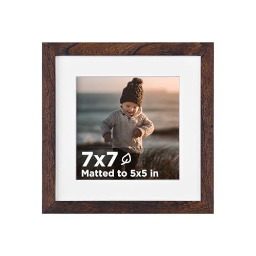 KINLINK 7x7 Picture Frame Brown Wooden Square Photo Frame Matted 5x5 with Plexiglass for 5x5 with Mat or 7x7 without Mat for Table and Wall Display