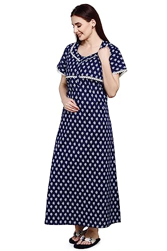 Image of Evolove Women's Cotton Long Maxi Maternity Feeding Night Gown with Pockets, Super Soft Comfortable (LNG-Feeding)
