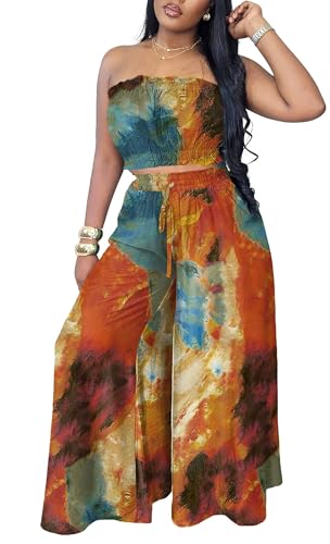 Image of Two Piece Sets for Women Summer Outfits Crop Tops and Wide Leg Pants Sets Sexy Jumpsuits Vacation Outfits with Pockets