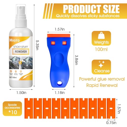 Miioto Klebereste Entferner Auto, Sekundenkleber Entferner, Klebstoffentferner Extra Stark, Schaber X10, Klebereste Entferner Fensterrahmen, Etikettenentferner, Entfernen sie Hartnäckige Tags, 100ml