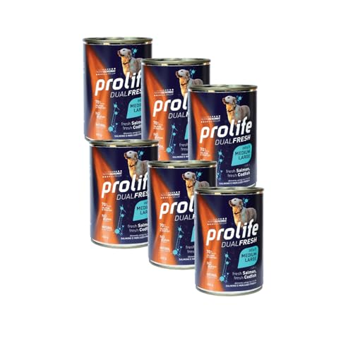 PROLIFE UMIDO CANI 6X400GR ADULT DUAL FRESH SALMONE & MERLUZZO MEDIUM/LARGE - CONFEZIONE RISPARMIO 6 LATTINE DA 400GR