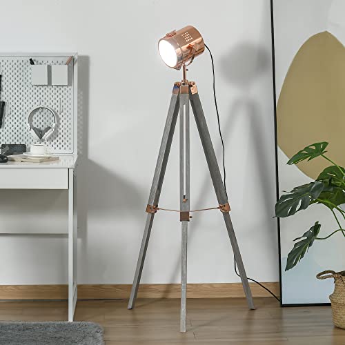 Homcom Vintage Tripod Floor Lamp, Height Adjustable Nautical Spotlight With Wood Legs, E12 Lamp Base For Living Room, Bedroom, Grey And Rose Gold #TOP1