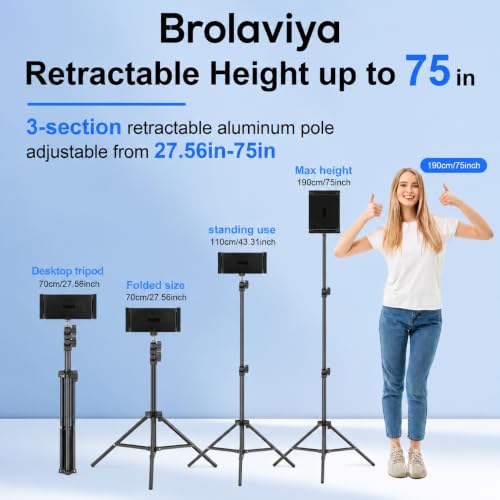 Image of BROLAVIYA Tablet Tripod Floor Stand, Adjustable up to 75 inch, Fits 4.7 inch-12.9 inch Phones & Tablets, Compatible with iPad Pro /Air /Mini, Galaxy Tab, for Live Streaming, Office, Cooking & Fitness