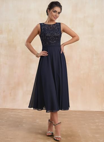 2 Piece Mother of The Bride Dresses Tea Length Chiffon Lace 3/4 Sleeves Mother of The Groom Dresses with Jacket3