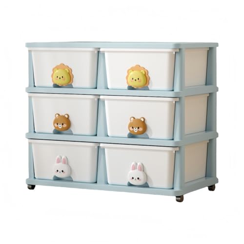 KUBERASキッズルーム収納引き出し式多層ロッカー衣類/おもちゃ収納ケース防塵キャスター付き (ブルー,複列 3 段)