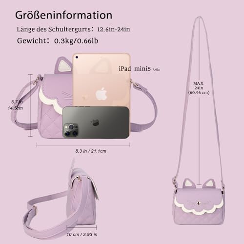 Sac bandoulière chat violet Gladdon pour fillette avec une sangle réglable