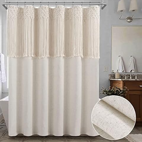 Macrame Boho Shower Curtain, Linen Fabric Shower Curtains with Vintage Cotton Macrame, Decorative Cotton Tassel Fringe for Bathroom with 12 Hooks, Bath Curtain Set Heavy Duty 72W x 72H Cover