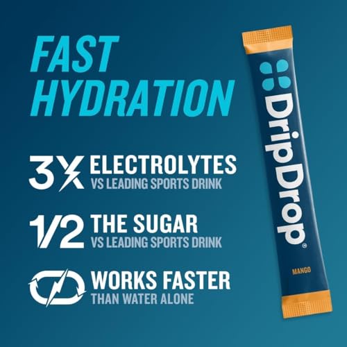 Image of DripDrop Hydration Packets - Tropical Variety Pack - Single Serve Electrolytes Powder Drink Mix - Mango, Acai, Passion Fruit, Pina Colada - Non-GMO, Gluten Free, Vegan - 16 Sticks