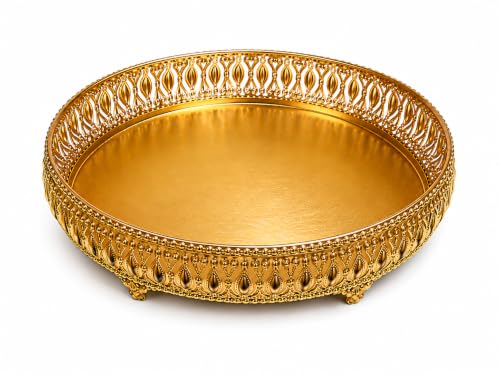 Image of Gold Finish Decorative Tray with Legs for Home Decor, Metal Serving Tray, Vintage Embossed Round Puja Thali, Centerpiece Bowl for Coffee Table, 8 Inch Decorative Tray for Gifting (Only Tray Included)