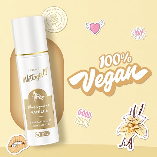 Image of Layer'r Wottagirl Madagascar Vanilla Fragrance Mist for Women 120ml | 100% Vegan | Warm Peach, Jasmine & Vanilla Scent | Long-Lasting Vegan Body Mist | Alcohol-Free | IFRA Certified
