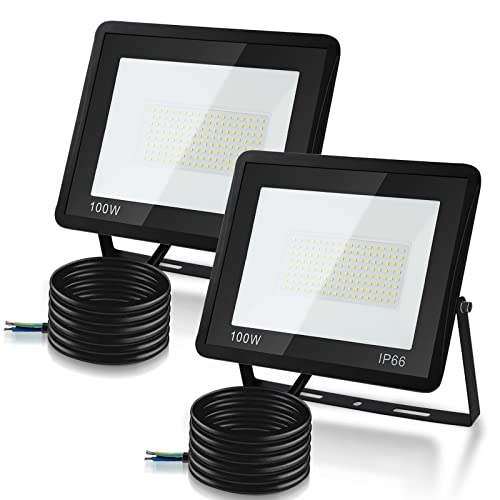 Lospitch Strahler 2x100W LED Scheinwerfer Superhell 8500LM 6000K Kaltweiß IP66 Wasserdicht Außenstrahler und Flutlicht für Garten Auffahrt (kein Stecker)