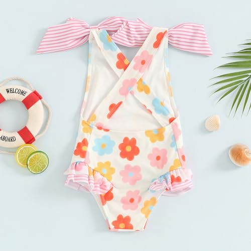 Image of Toddler Kids Girl One Piece Swimsuit Floral Sleeveless Backless Swimwear Bowknot Ruffled Bathing Suit Beachwear