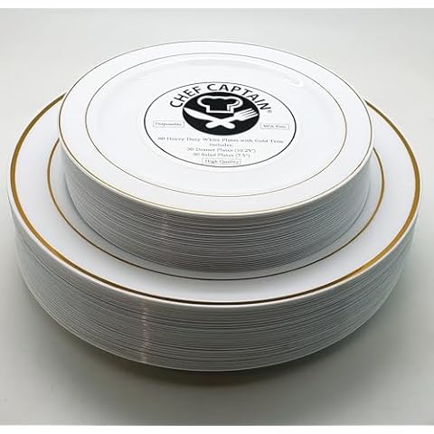 Disposable Plates 60 PACK Heavyweight Plastic White with Gold Rim: 30 Dinner Plates and 30 Salad Plates, Weddings, Banquets, Parties, Anniversaries, Birthdays, Holidays, Picnics BPA Free (GOLD RIM) Cover