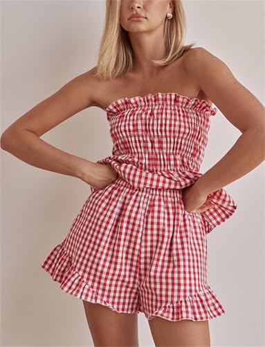Image of Yuemengxuan Women Shirred Top Shorts Summer Outfits Set 2 Piece Striped Pajamas Set Sleeveless Ruched Bandeau Tube Top Shorts (Red #F, XL)
