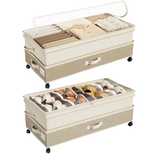 Image of Kitstorack 2Pack Height-adjustable Under Bed Storage with Wheels, Under Bed Storage Containers,Under Bed Shoe Storage Organizer with Clear Window&Label, Suitable for Clothes Storage, Beige & Linen