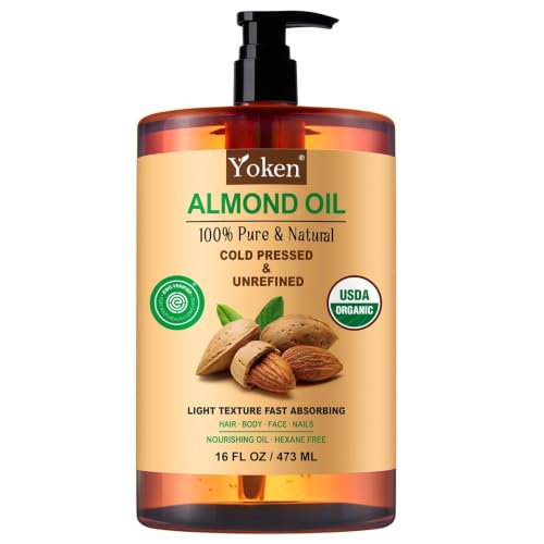 Yoken Organic Almond Oil 16 oz, Cold Pressed Carrier Oil for Skin &amp; Hair