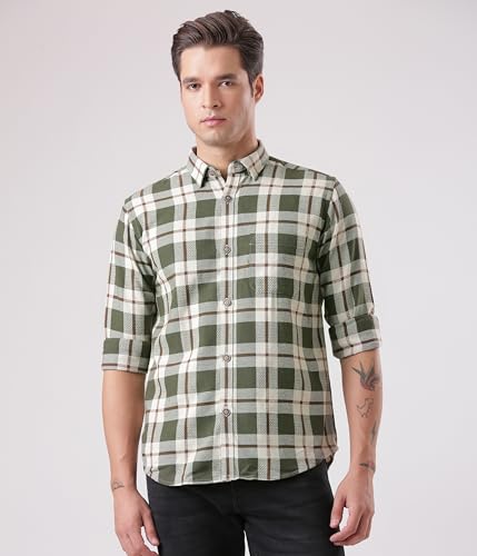 Image of TURMS Men's Casual Checks Shirts, Odor Control, Moisture Wicking, Button Down Collar, Cool Tech Cotton Fabric, Tailored Fit, Full Sleeve