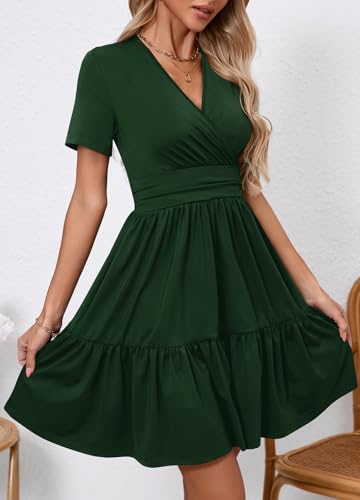 Image of Women's Casual Summer Dress V Neck Short Sleeve Flowy Stretchy Comfort Fit for Daily Wear Work Midi Dresses