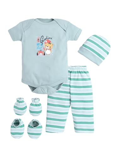 Image of EIO Newborn Baby Cotton Romper Set - Onesie Bodysuit, Cap, Pants & Booties with Mittens | Unisex Baby Clothing Combo for Boys & Girls