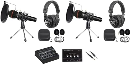 Rockville Bundle: LINE8 USB 8-Ch Mic/Line Mixer Bundle with (2) Handheld Wired Microphone, (2) Tripod Microphone Stand, (2) Studio Headphones, Headphone Amplifier & 1/4'' TRS Balanced Cable (9 Items)