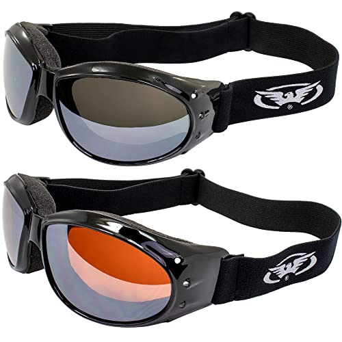 Global Vision Eliminator Padded Motorcycle Riding Goggles ANSI Z87.1 Anti-Fog 2 Pair Black Frames Flash Mirror & Driving Mirror Lenses
