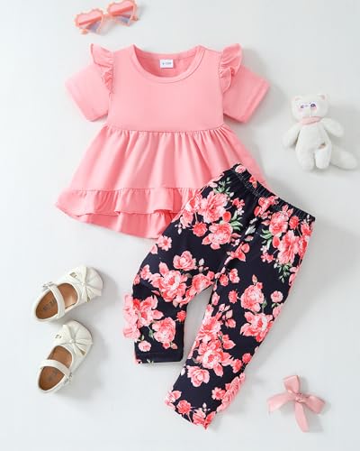 Image of Weebaby Baby Girl Clothes Infant Toddler Girl Clothing Ruffle Shirt High Low Top Floral Allover Pant Little Girls Clothes