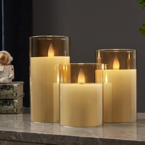 Image of Glass Flameless Pillar Candles Flickering with Remote Timer, Battery Operated LED 3D Moving Flame Real Wax Candles,Remote Included (Champagne)