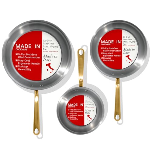 Image of Made In Cookware - 3-Piece (Includes 8 inch,10 inch,12 inch) Stainless Frying Pan Set (Antique Brass Handle) - 5 Ply Stainless Clad - Professional Cookware - Crafted in Italy - Induction Compatible