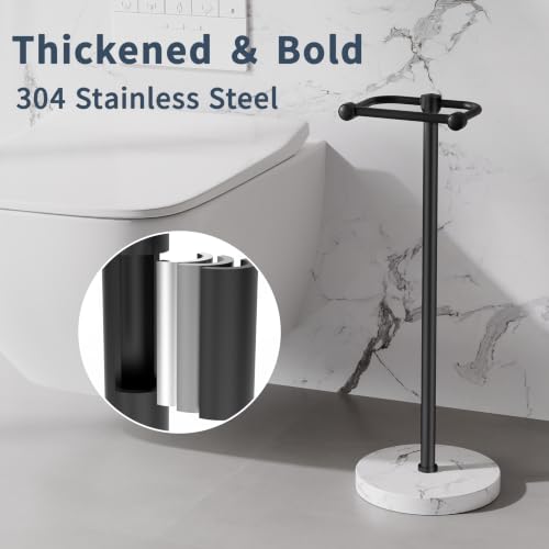 Image of RARXTR Toilet Paper Holder Stand, Bathroom Free Standing Toilet Paper Stand with Modern Marble Base, Post Pivoting Toilet Paper Stand with Stainless Steel Tissue Rack, Rust-Proof & Heavy(Matte Black)