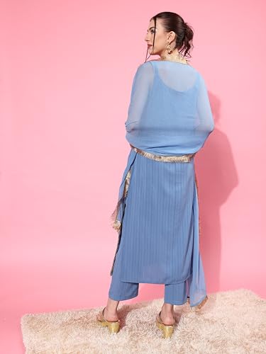 Image of Varanga Women Blue Straight Kurta With Tonal Bottom & Dupatta