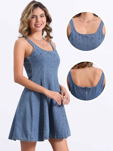 Image of Allegra K Denim Dress for Women's Casual Tank Square Neck Mini Dress