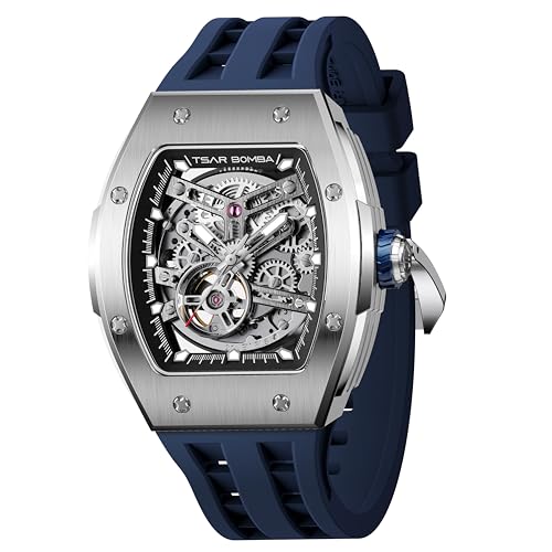 Image of TSAR BOMBA Mens Luxury Watch Automatic Watches for Men 50M Waterproof Japanese Mechanical Movement Tonneau Stainless Steel Case Sapphire Glass Big Face Cool Unique Fashion Gift Men