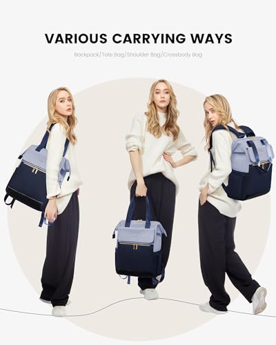 Image of LOVEVOOK Laptop Backpack for Women, 15.6 Inch Work Laptop Bag with USB Port, Fashion Teacher Nurse Backpack Purse, Waterproof Travel Computer Backpack with Organizer Bag, 2PCS, Grey Blue-Ink Blue