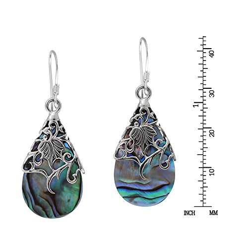 Floral Vine Ornate Teardrop Abalone Shell .925 Sterling Silver Dangle Earrings