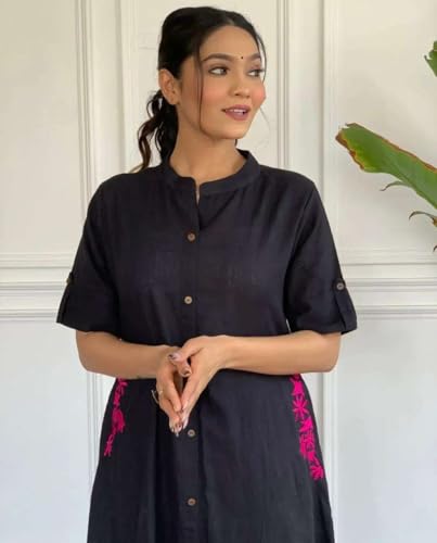 Image of Women's Cotton Embroiderd Long A-Line Kurti with Palazzo