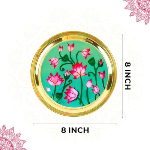 Image of Klassic 8 Inch Handcrafted Brass Thali /Aarti Plate | Lotus Design, Beautifully Embossed Colorful Decorative Plate for Puja /Worship, Aarti, Karwa Chauth, Navratri, Diwali Gifts | (Pack of 1)