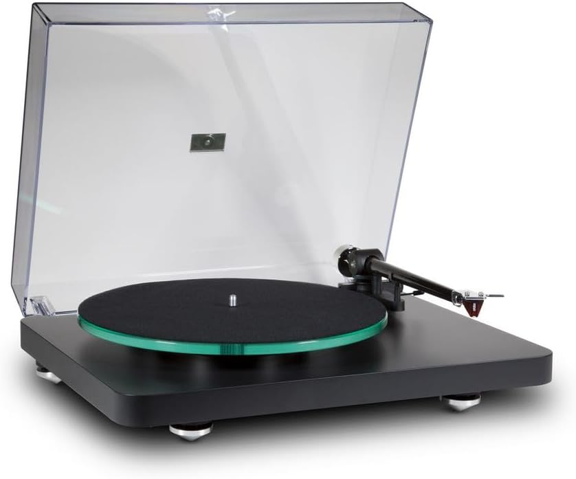 NAD C 588 Turntable with dust cover open, showing platter and tonearm